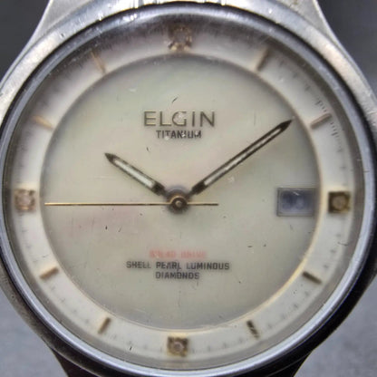 Elgin Solar Watch Men 35mm MOP Dial Titanium Date Round FK-1066 Runs READ!!!!1