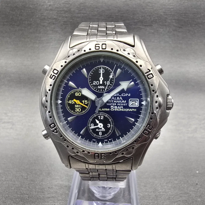 Alba Epsilon Chronograph Watch Men 42mm Blue Dial Titanium Y182-7D20 New Batt0