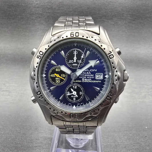 Alba Epsilon Chronograph Watch Men 42mm Blue Dial Titanium Y182-7D20 New Batt0