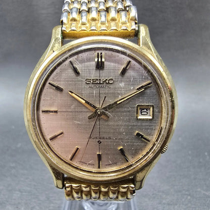 Seiko Automatic Watch Men 37mm Champange Dial Gold Date Round 6105-8069 Works0