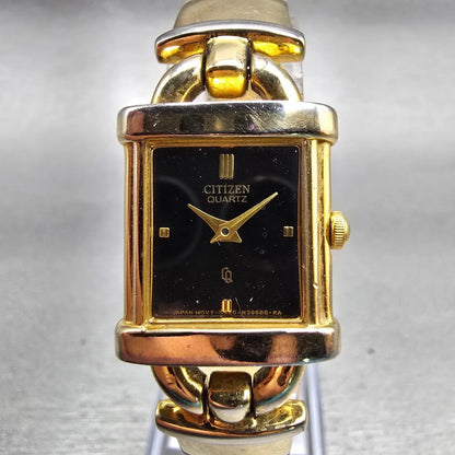 Citizen CQ Watch Women 18mm Black Dial Gold Tone Rectangle 5920-S48465 New Batt0