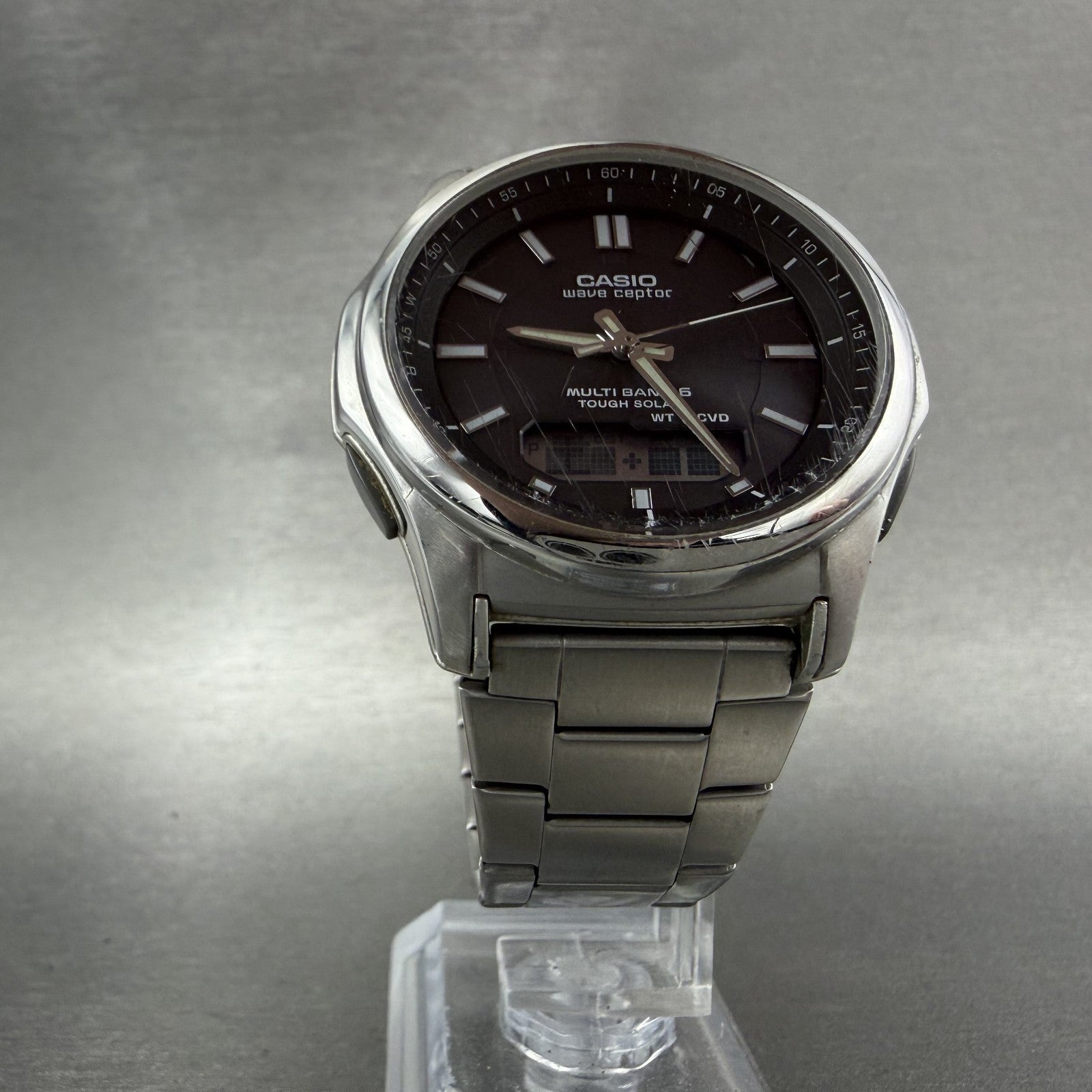 Casio Wave Ceptor Watch Men 42mm Black Dial Steel Solar Analog Digital Works ABC5