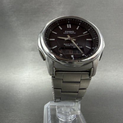 Casio Wave Ceptor Watch Men 42mm Black Dial Steel Solar Analog Digital Works ABC5