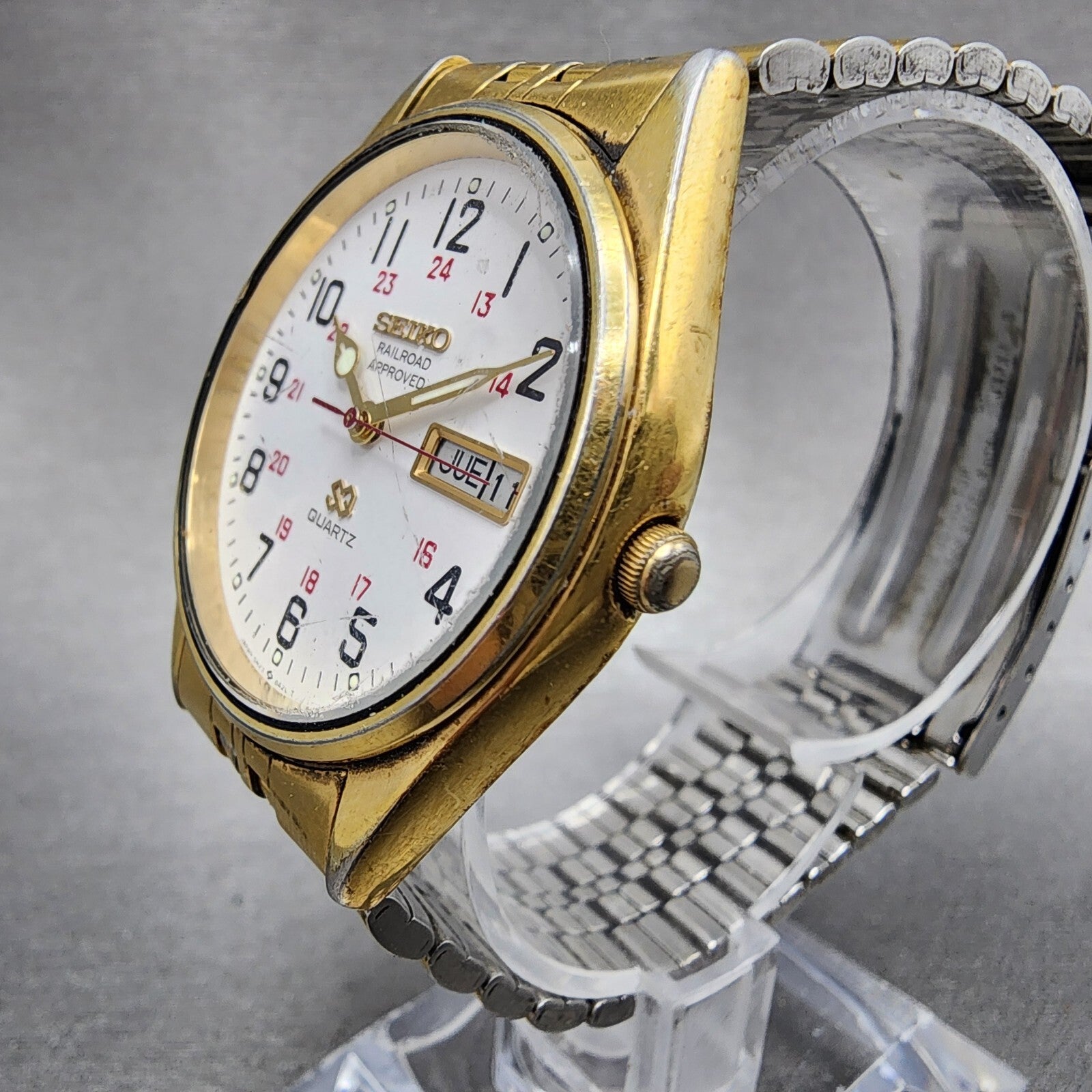 Seiko SQ Railroad Approved Watch Men 35mm White Dial Gold Tone New Batt NO BACK2