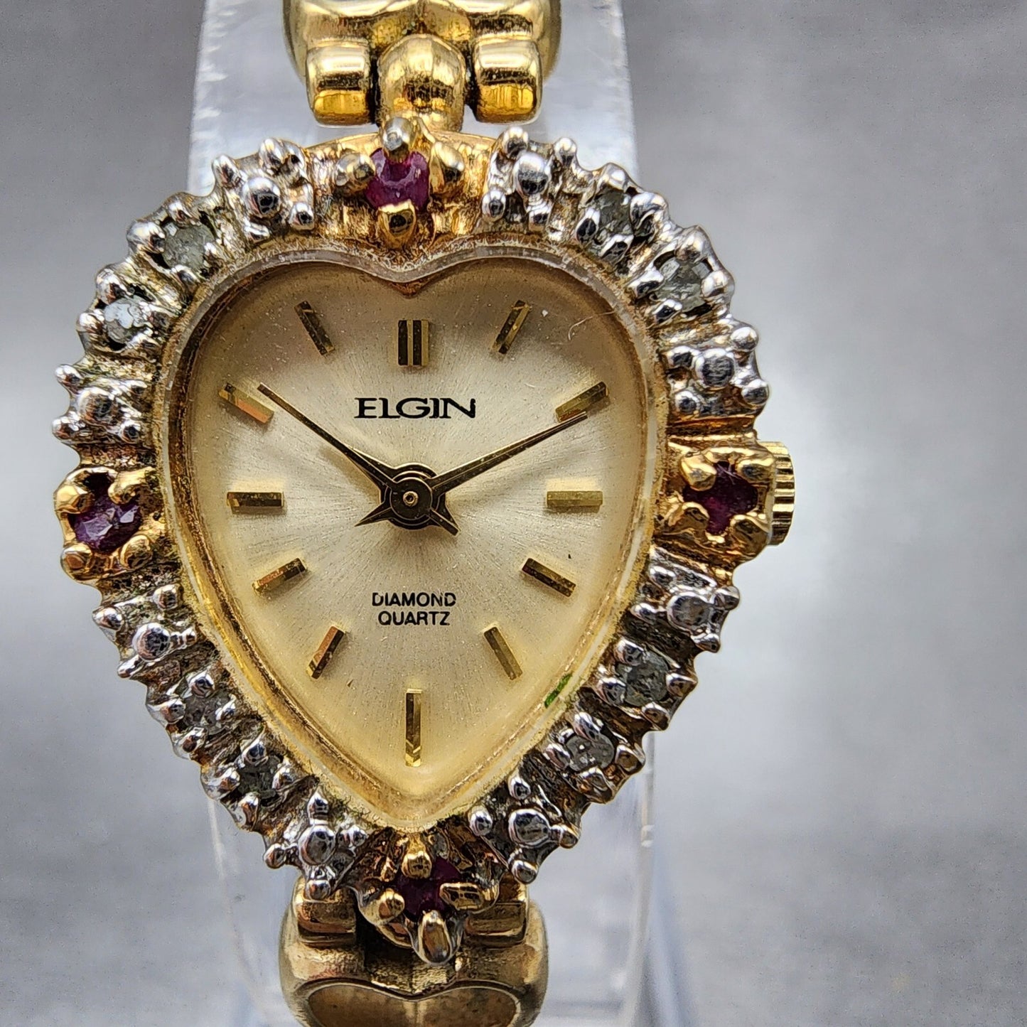 Elgin Heart Watch Women 19mm Champagne Dial Gold Tone Ruby Diamond Bezel New Bat1