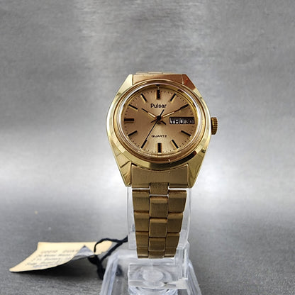 Pulsar President Watch Women 24mm Gold Dial Gold Tone Daydate Round NewBat NOS A6