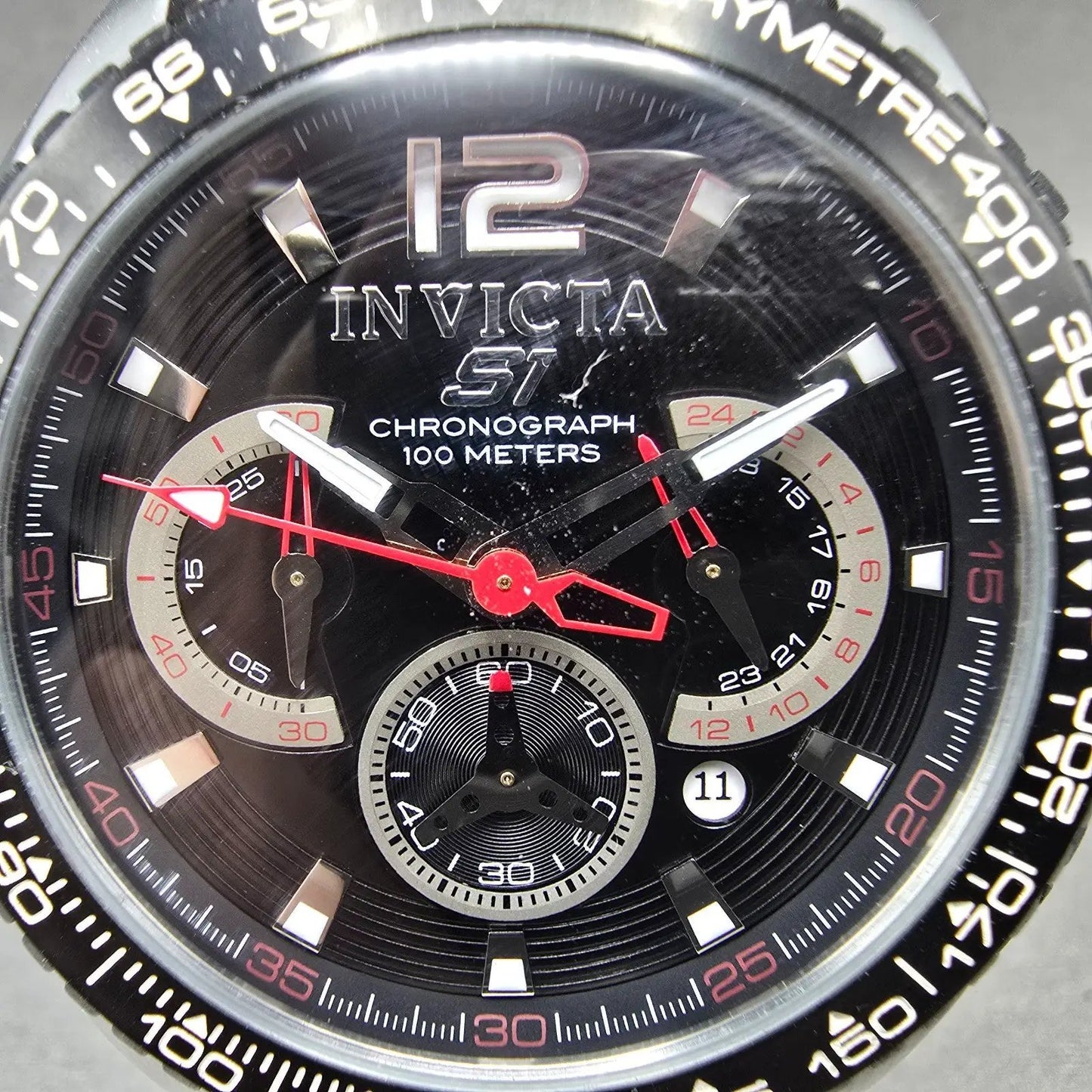 Invicta S1 Chronograph Watch Men 48mm Black Dial Silver Tone Date 1453 New Batt1