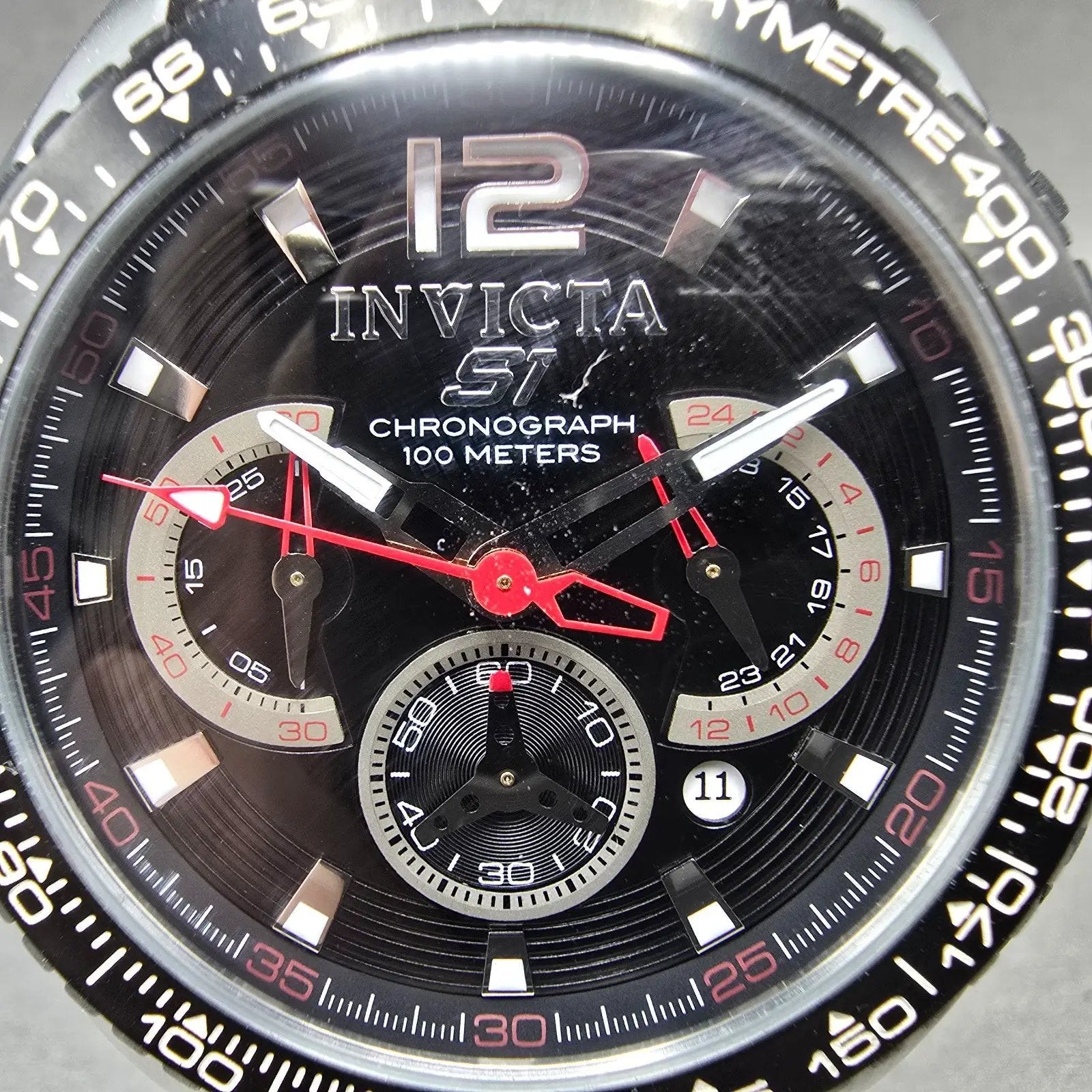 Invicta S1 Chronograph Watch Men 48mm Black Dial Silver Tone Date 1453 New Batt1