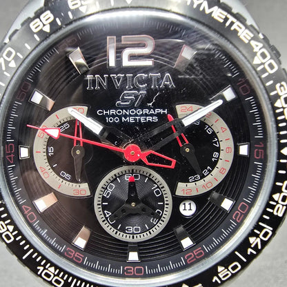 Invicta S1 Chronograph Watch Men 48mm Black Dial Silver Tone Date 1453 New Batt1