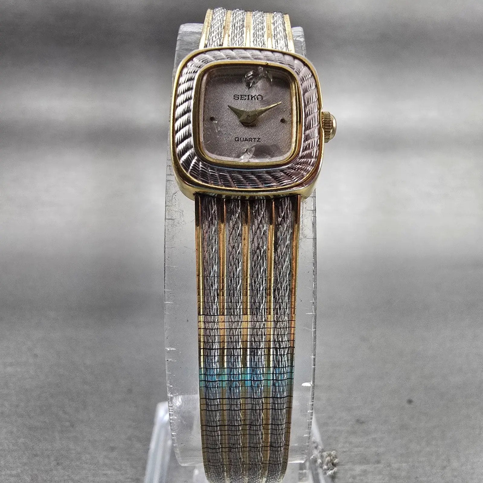 Seiko Watch Women 14mm Silver Dial Two Tone Rectangle 1E20-5190 New Battery VTG5