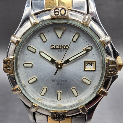 Seiko Sports 50 Watch Women 25mm Silver Dial Two Tone Date 7N82-0261 New Batt JP1