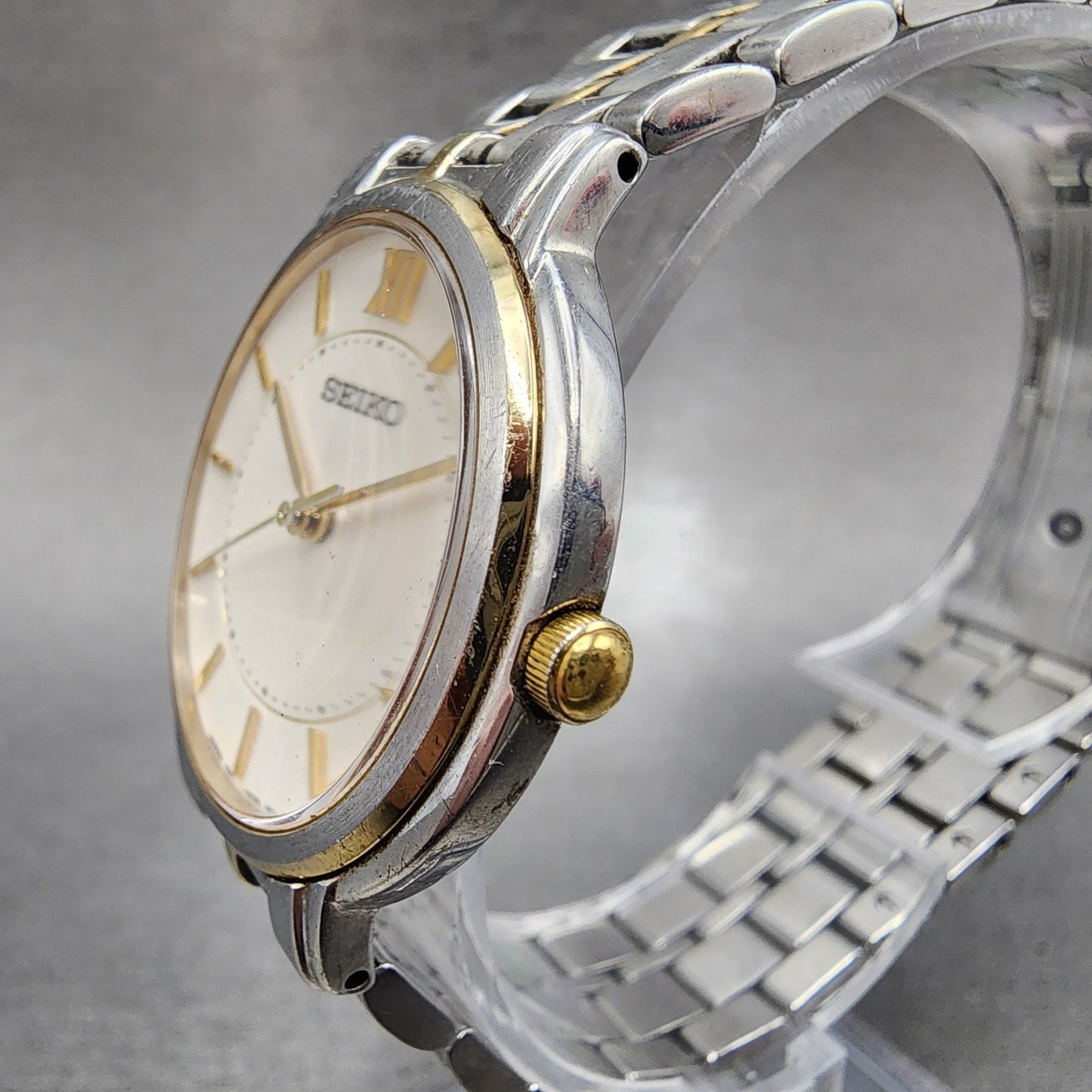Seiko Watch Men 32mm White Dial Two Tone Round 7n010bc0 New Battery2