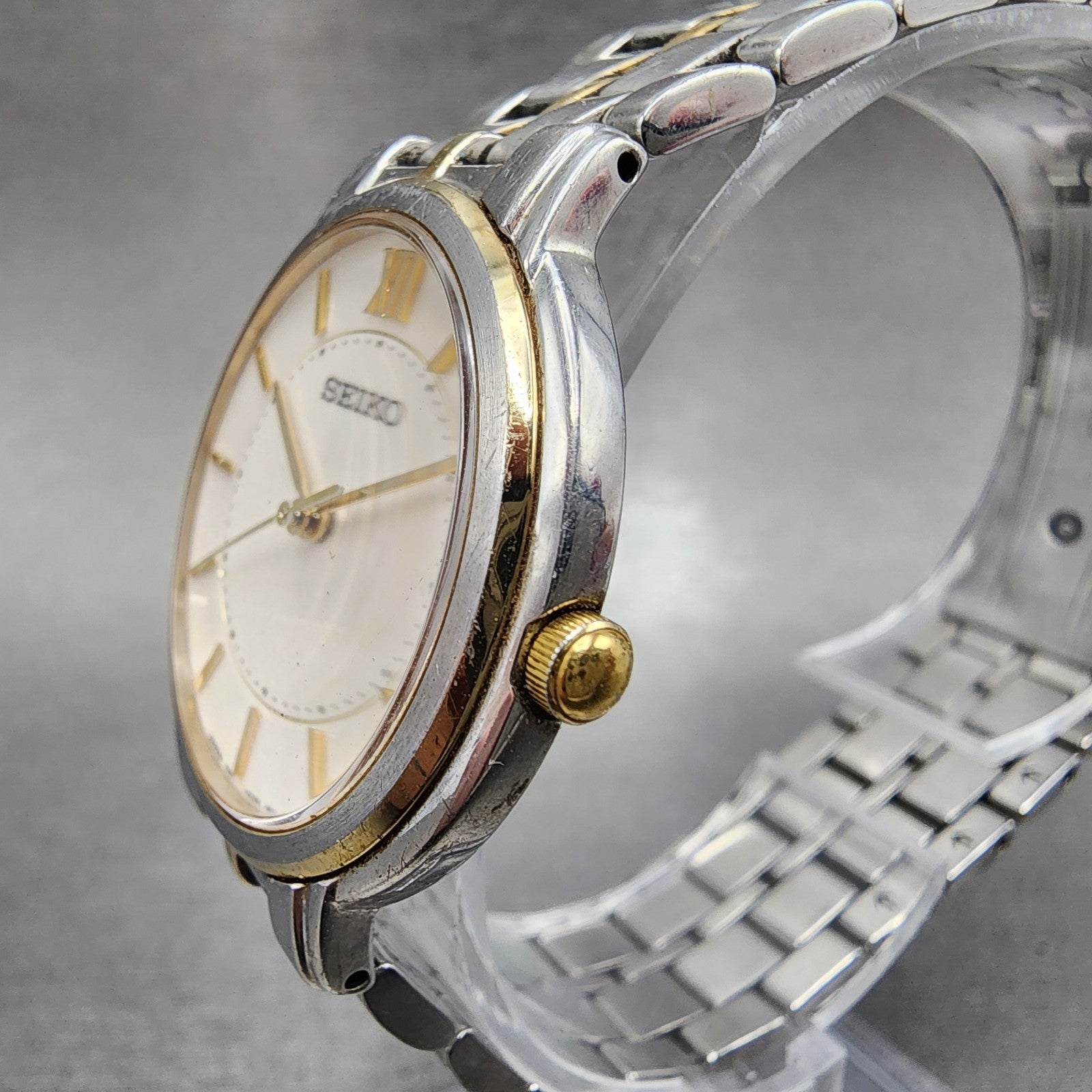 Seiko Watch Men 32mm White Dial Two Tone Round 7n010bc0 New Battery2