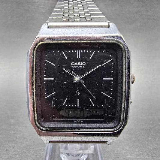 Casio AQ-320 Watch Men 31mm Black Dial Silver Tone Analog Digital New Battery0