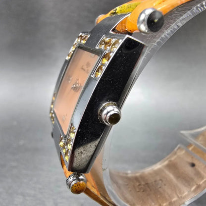Lucien Piccard Tank Watch Women 23mm Orange Dial Silver Gem Set Rectangle NewBat2