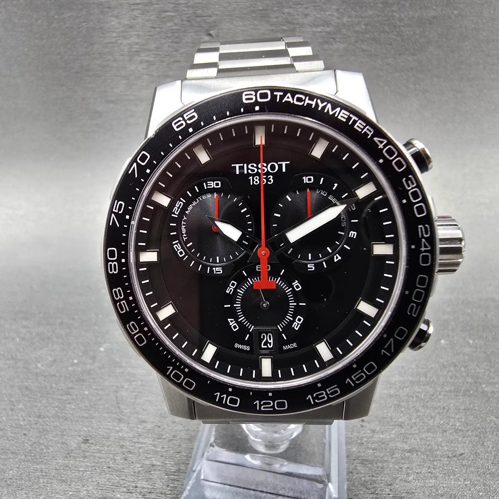 Tissot Supersport Chrono Watch Men 46mm Black Dial Steel Date Round New Battery0