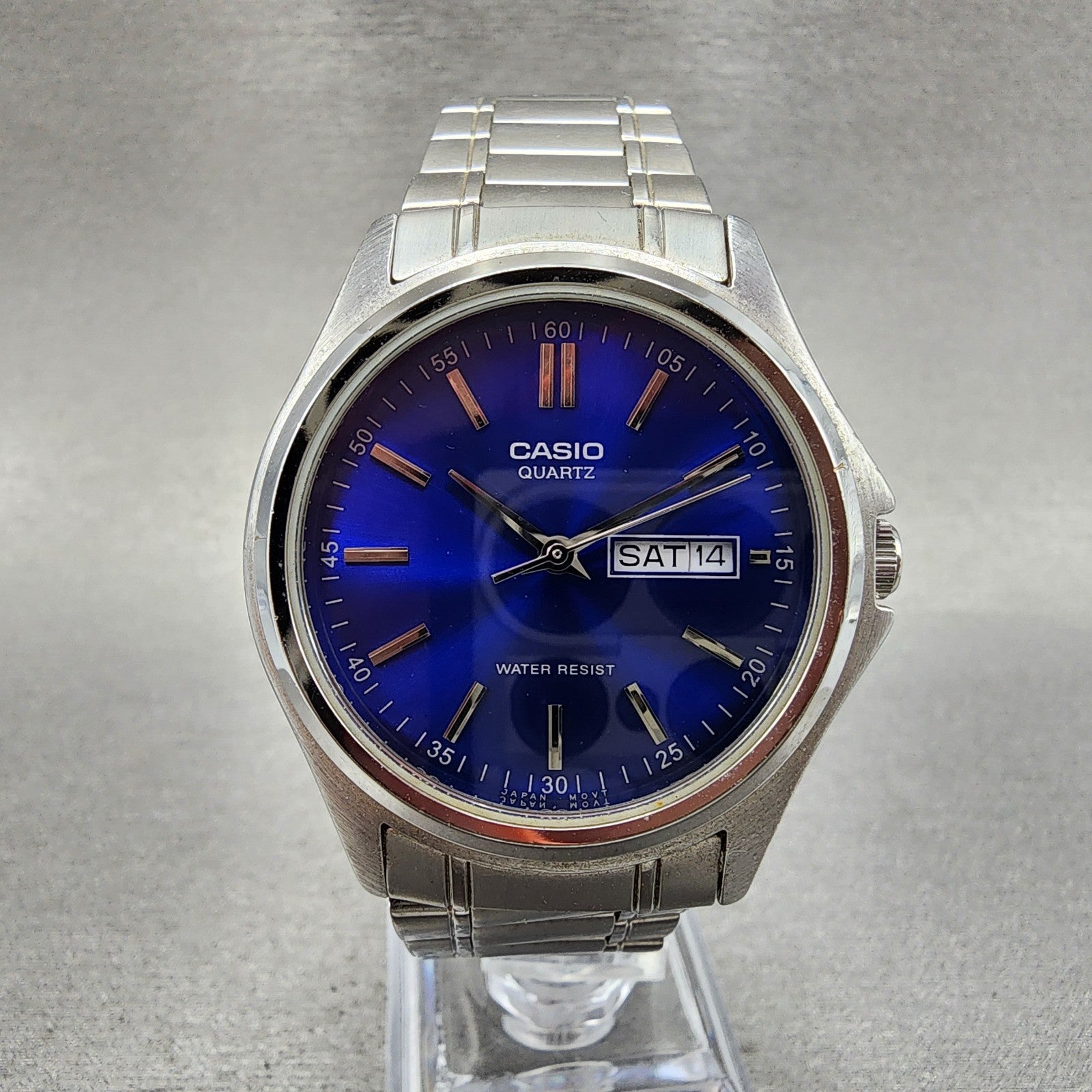 Casio Watch Men 37mm Blue Dial Silver Tone Daydate MTP1239DJ New Battery0
