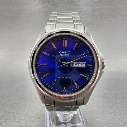 Casio Watch Men 37mm Blue Dial Silver Tone Daydate MTP1239DJ New Battery0