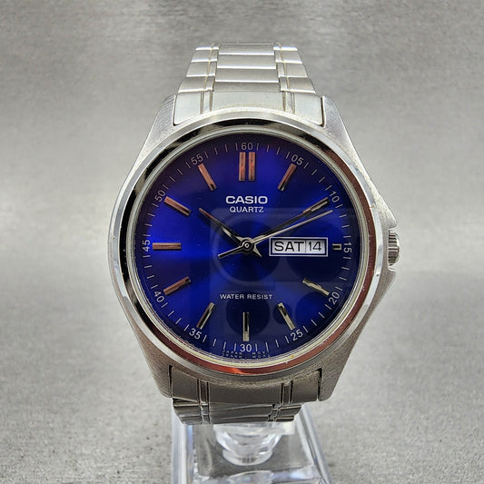 Casio Watch Men 37mm Blue Dial Silver Tone Daydate MTP1239DJ New Battery0