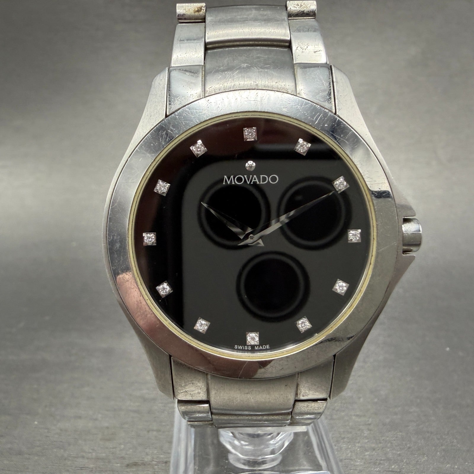 Movado Faceto Watch Men 39mm Black Dial Silver Tone 84 G2 1855 New Battery ABC0