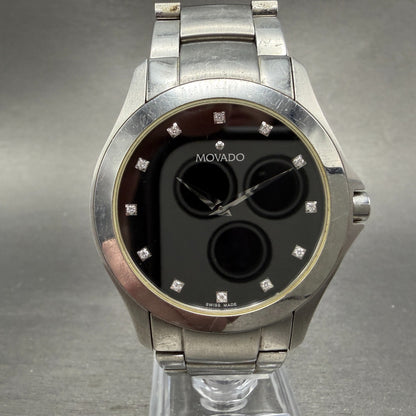 Movado Faceto Watch Men 39mm Black Dial Silver Tone 84 G2 1855 New Battery ABC0