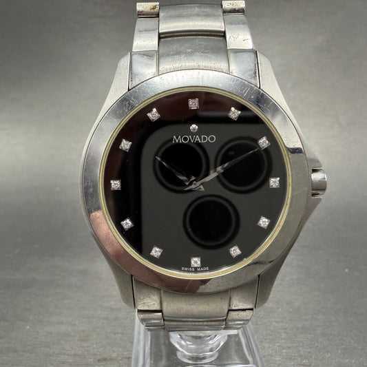 Movado Faceto Watch Men 39mm Black Dial Silver Tone 84 G2 1855 New Battery ABC0