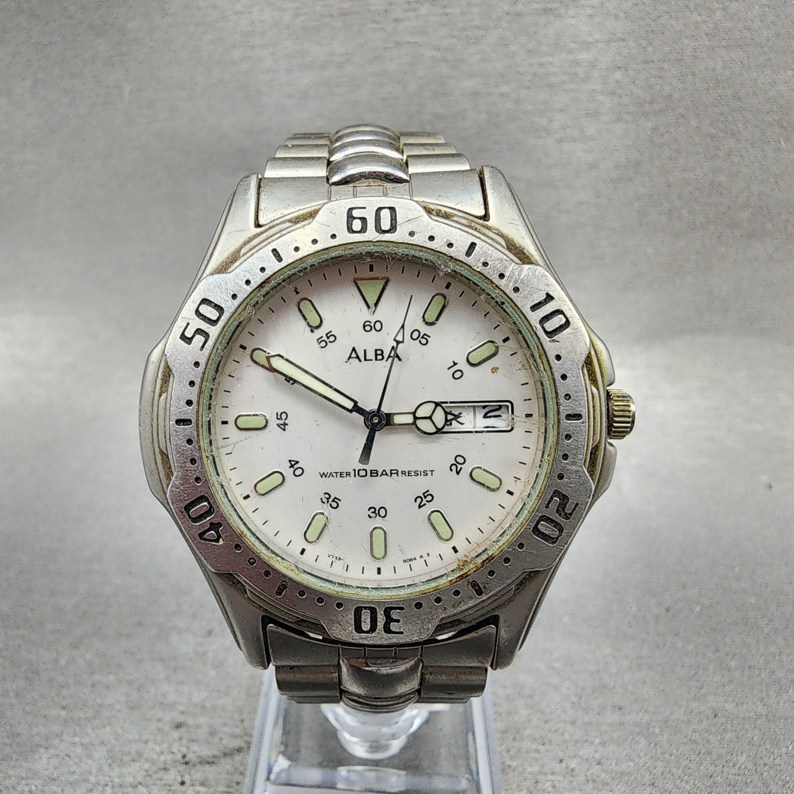 ALBA Dive Watch Men 41mm White Dial Silver Tone Daydate Round V7438B60 PARTS0