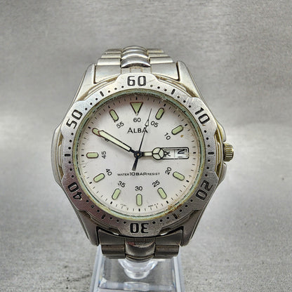 ALBA Dive Watch Men 41mm White Dial Silver Tone Daydate Round V7438B60 PARTS0