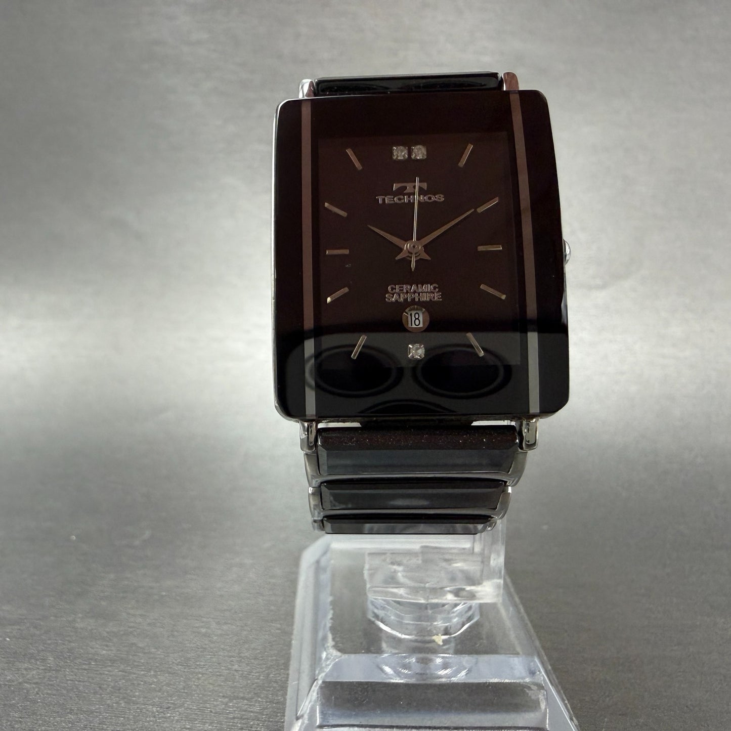 Technos Tank Watch Men 28mm Black Dial Ceramic Steel Date Rectangle New Battery5