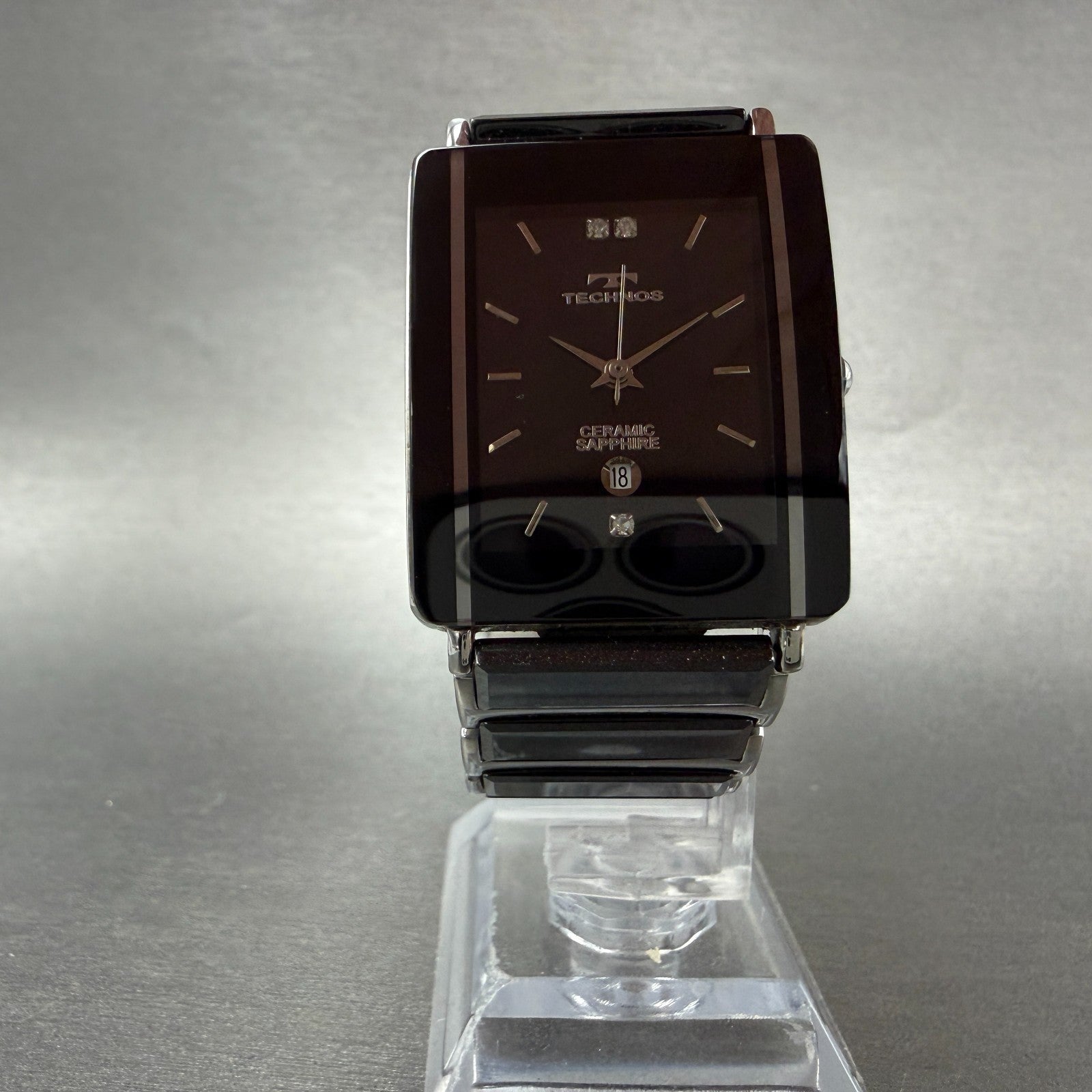 Technos Tank Watch Men 28mm Black Dial Ceramic Steel Date Rectangle New Battery5
