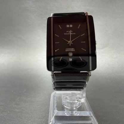 Technos Tank Watch Men 28mm Black Dial Ceramic Steel Date Rectangle New Battery5
