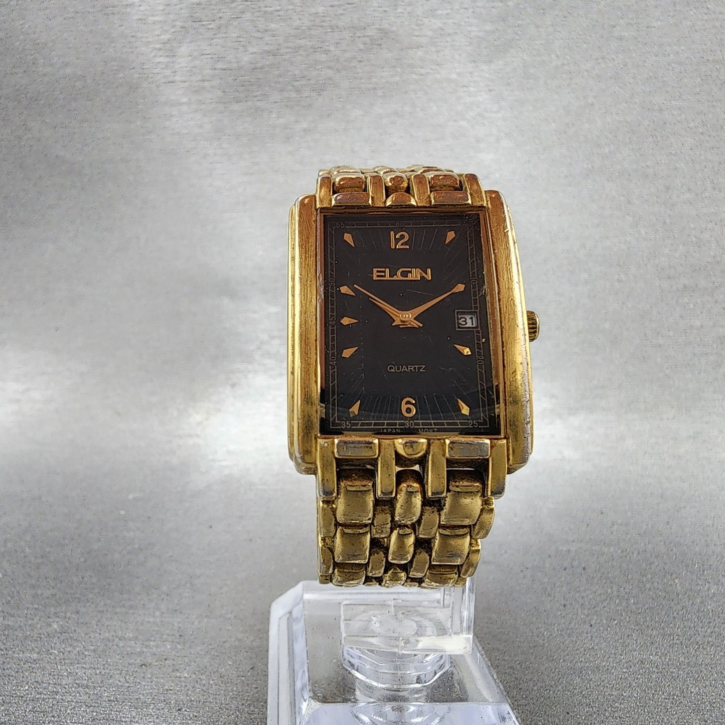 Elgin Tank Watch Men 26mm Black Dial Gold Tone 1L12 Date FMA 36 New Battery5