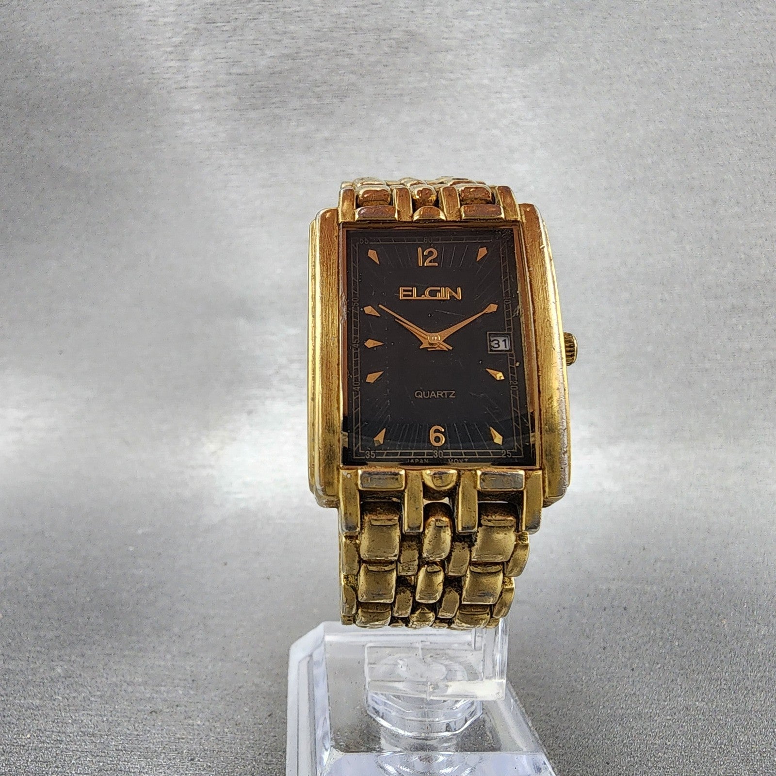 Elgin Tank Watch Men 26mm Black Dial Gold Tone 1L12 Date FMA 36 New Battery5