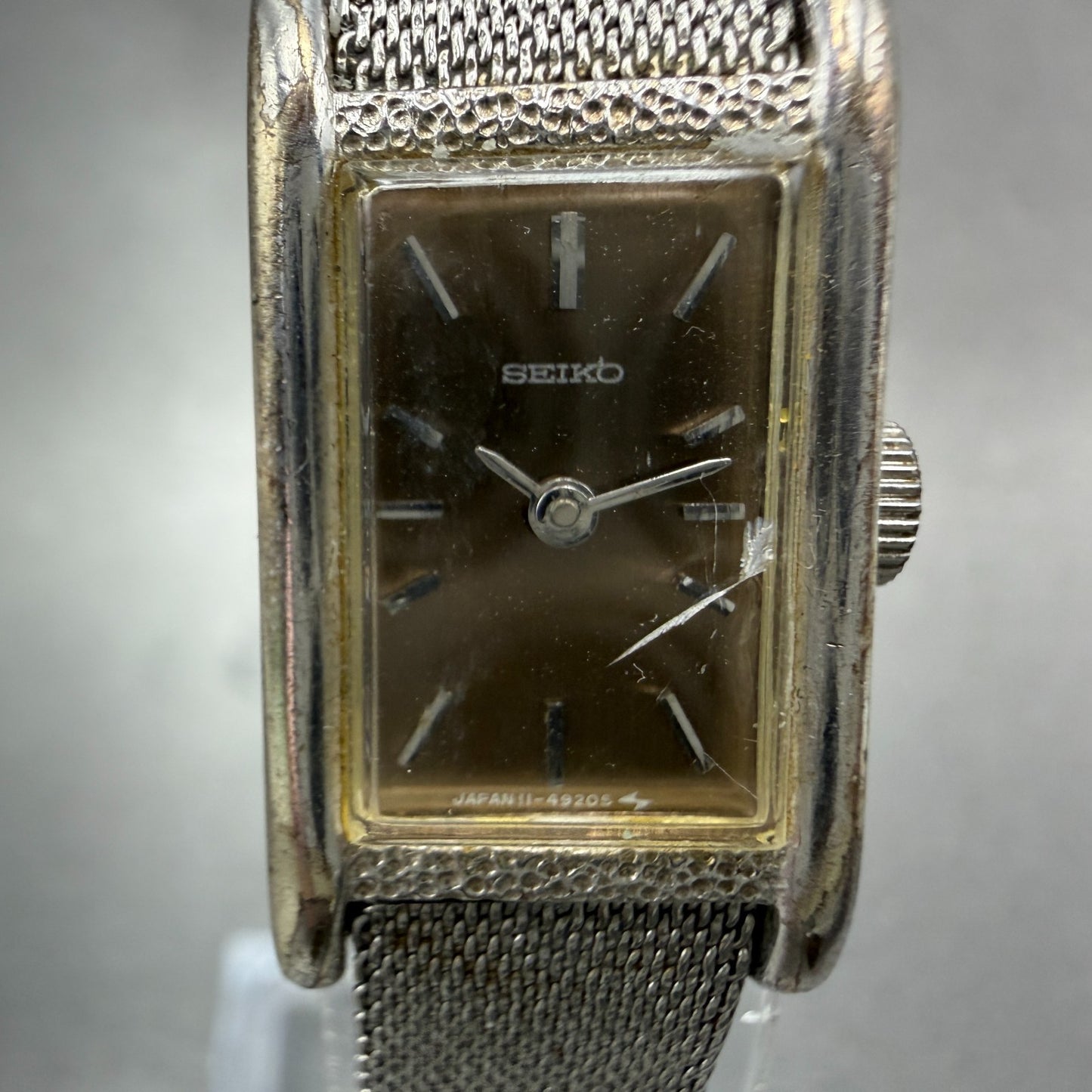 Seiko Tank Watch Women 15mm Brown Dial Silver Tone Rectangle Manual 11-4849 Runs1