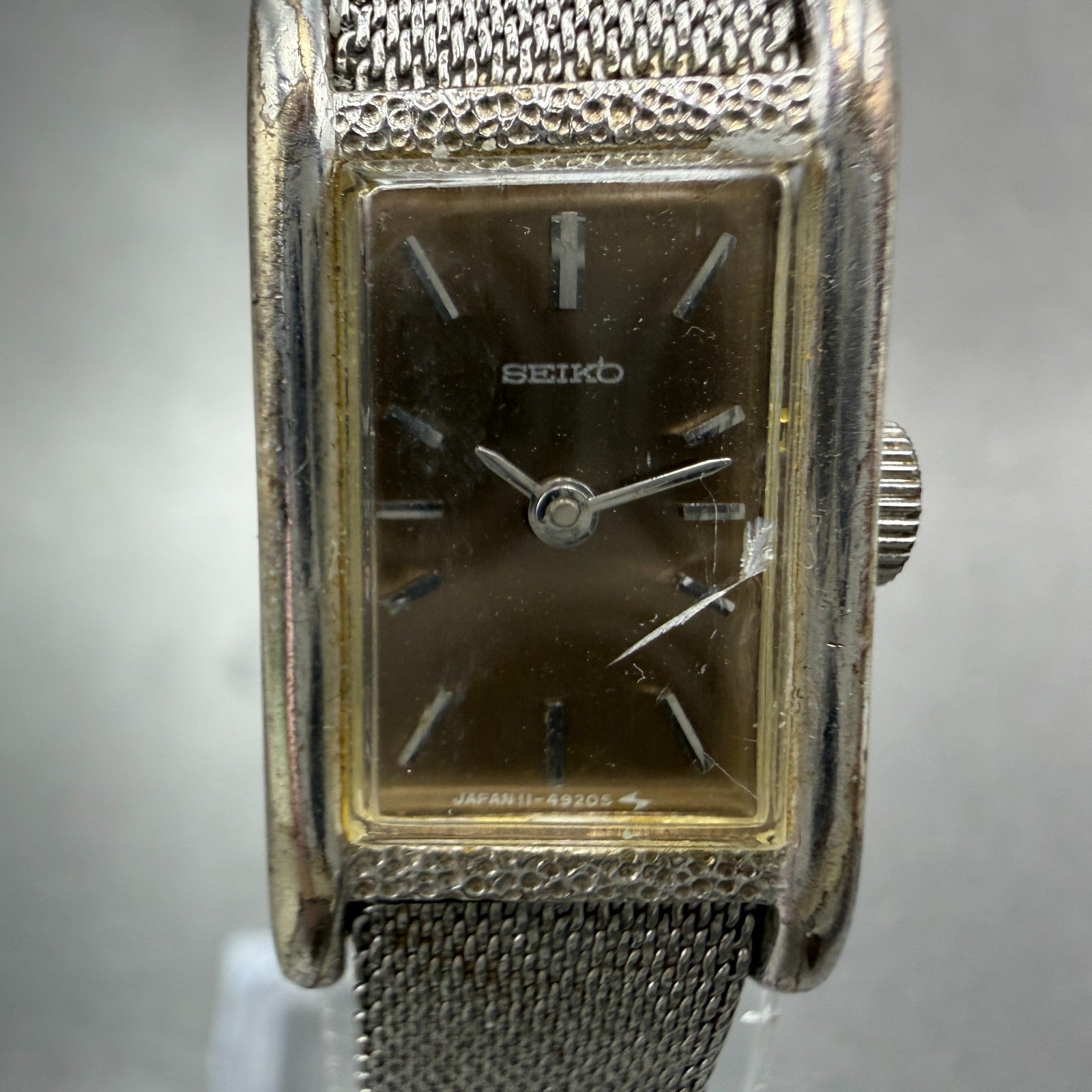 Seiko Tank Watch Women 15mm Brown Dial Silver Tone Rectangle Manual 11-4849 Runs1