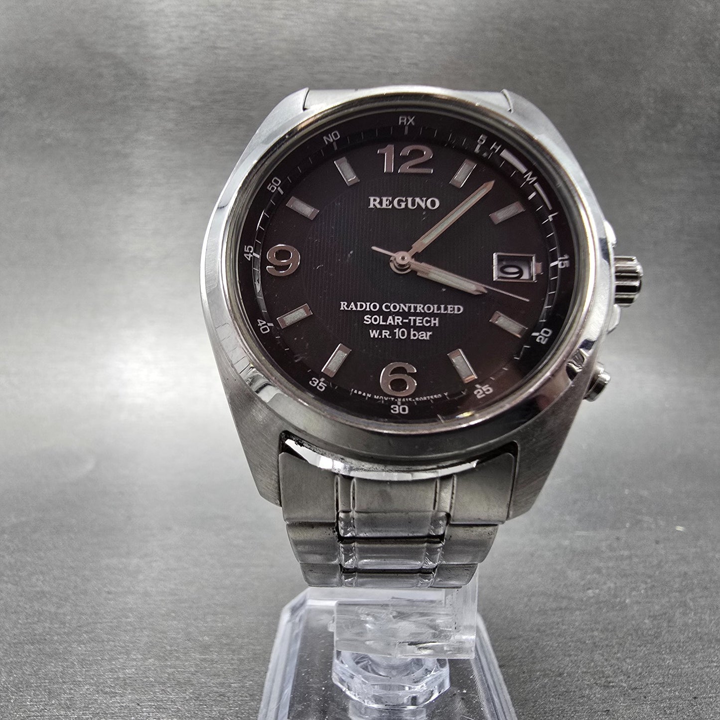 Citizen Reguno Watch Men 38mm Black Dial Steel Solar Radio Controlled Date PARTS6