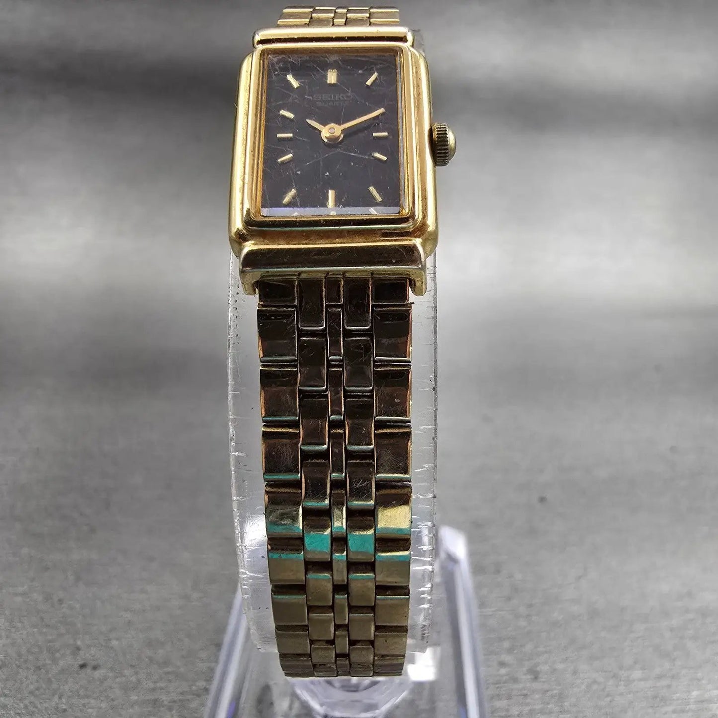 Seiko Watch Women 14mm Black Dial Gold Tone Rectangle 1F20-5B89 New Battery VTG5