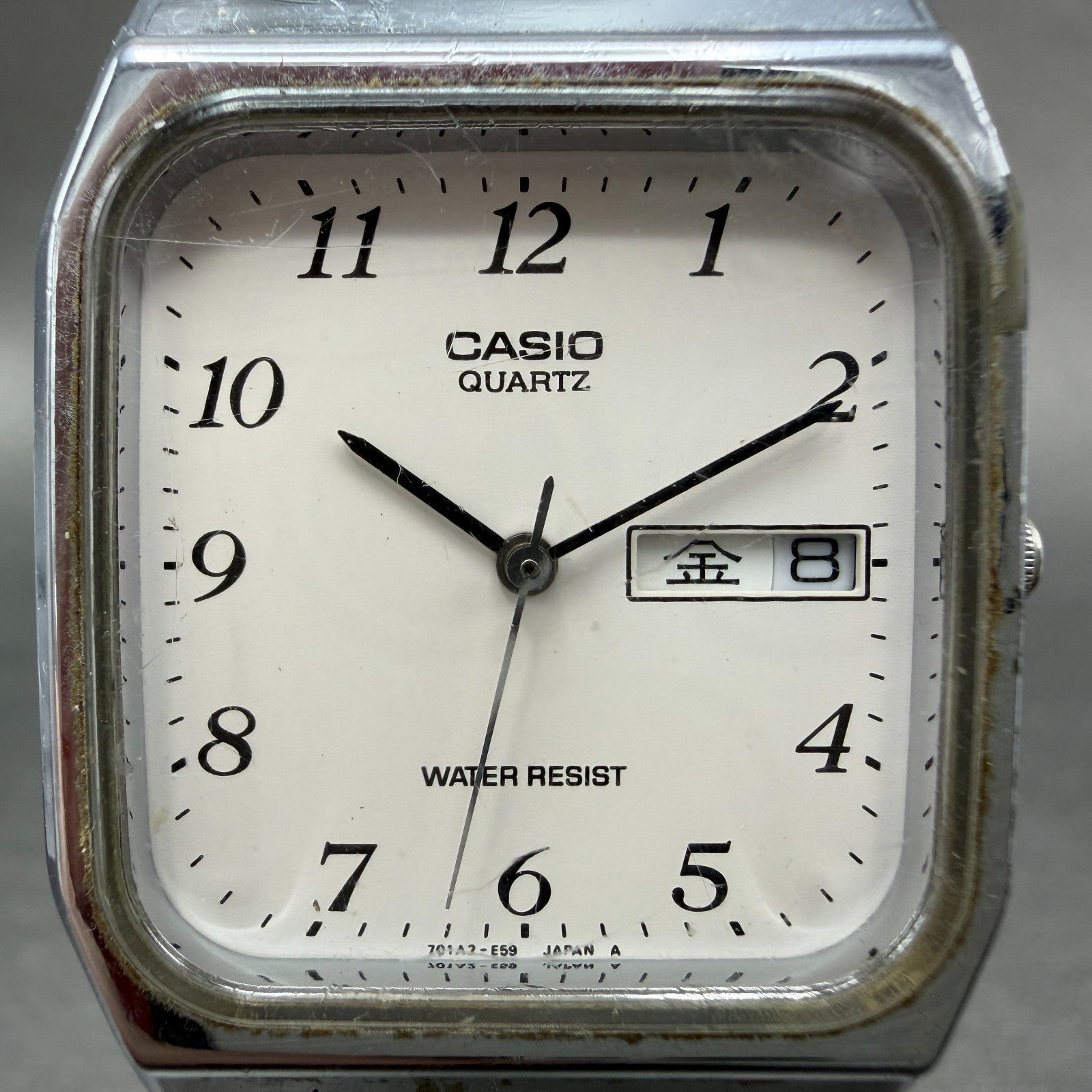 Casio MQ-518 Watch Men 30mm Silver Dial Silver Tone Rectangle Daydate New BattHJ1