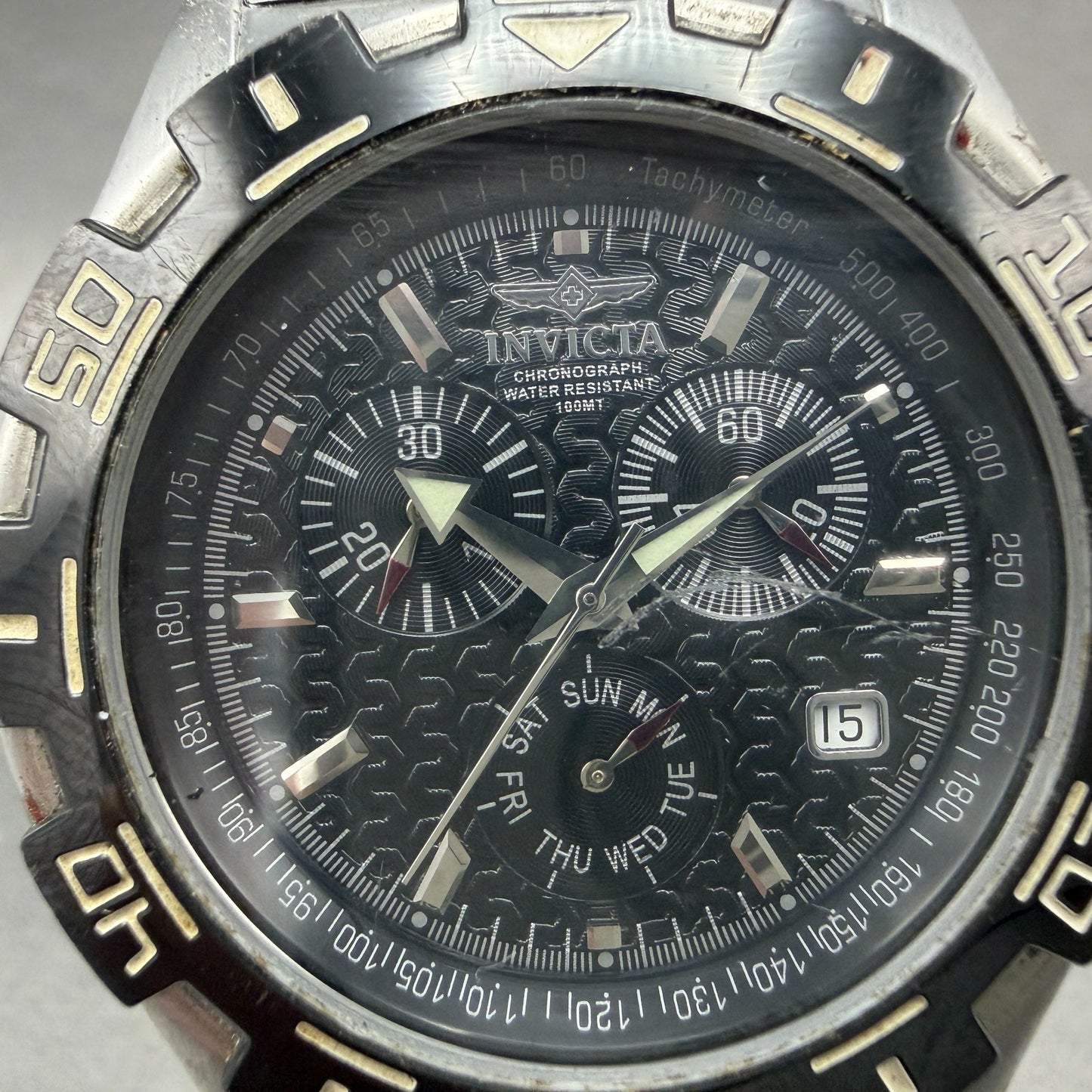 Invicta Chronograph Watch Men 42mm Black Dial Steel Daydate 3913 New Battery1