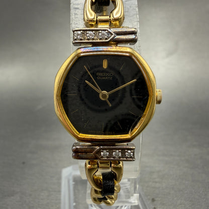 Seiko Watch Women 20mm Black Dial Gold Tone Octagon 1221-5130 New Battery VTG0