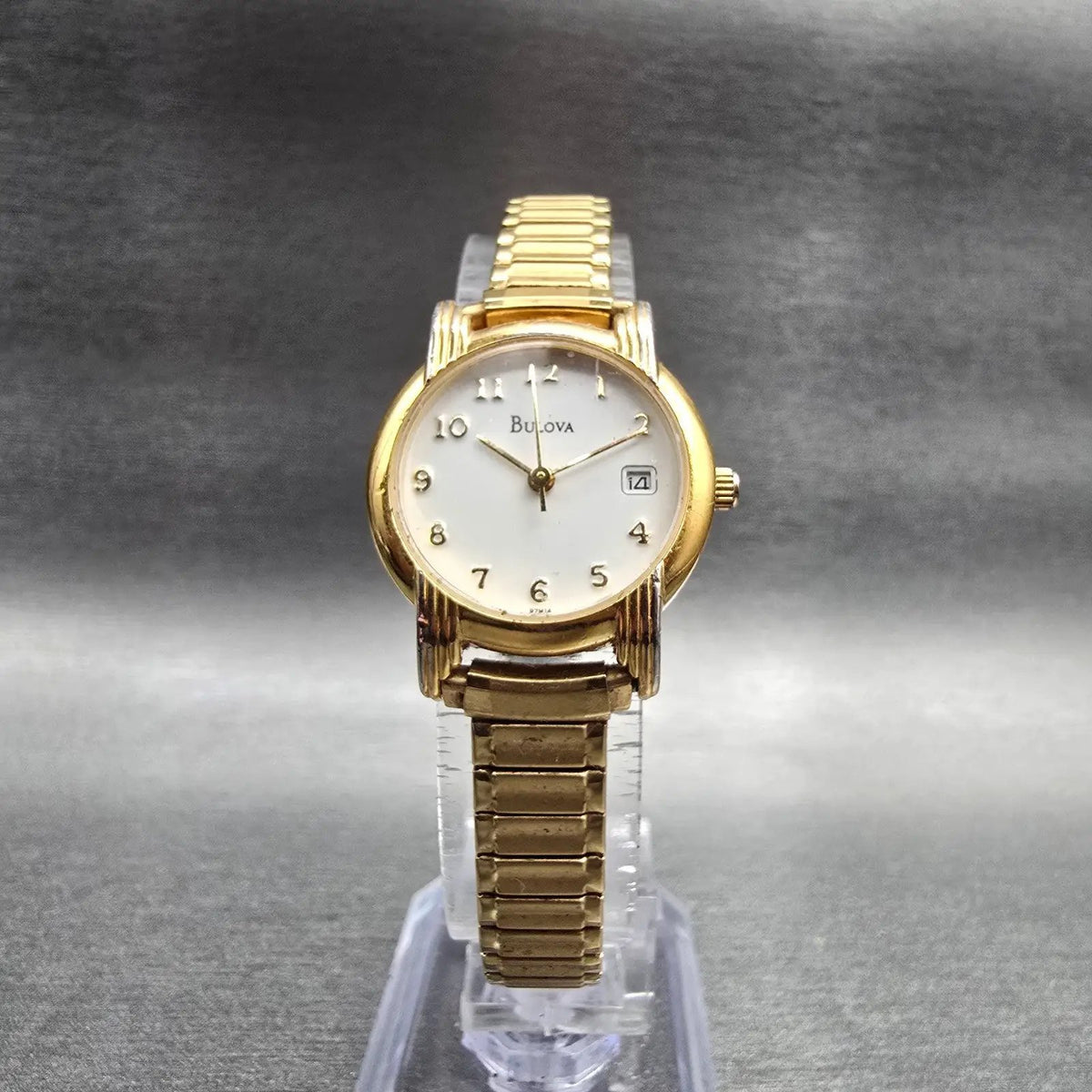 Bulova Watch Women 24mm White Dial Gold Tone Date Round 97M14 New Battery JP235