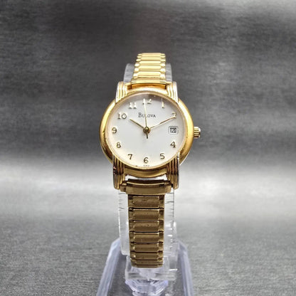 Bulova Watch Women 24mm White Dial Gold Tone Date Round 97M14 New Battery JP235