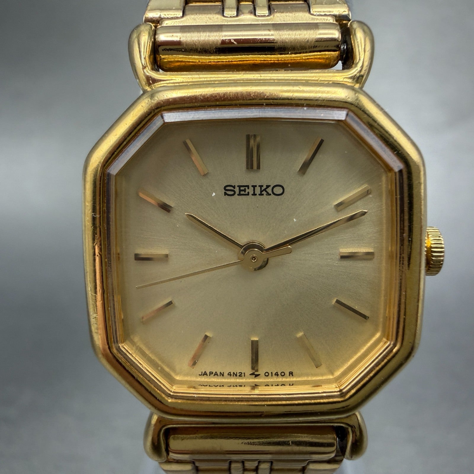 Seiko Watch Women 20mm Champagne Dial Gold Tone Octagon 4n21-5022 New Battery GR1