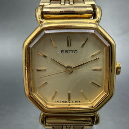Seiko Watch Women 20mm Champagne Dial Gold Tone Octagon 4n21-5022 New Battery GR1