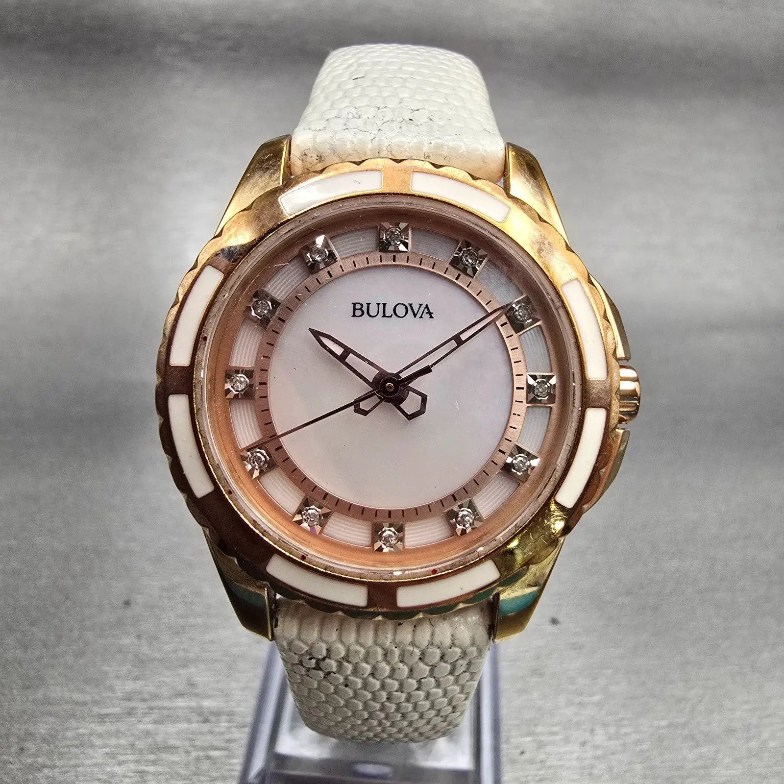 Bulova Watch Women 32mm MOP Dial Rose Gold Tone Diamond Round 98P119 New Battery0
