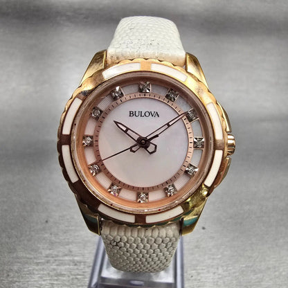Bulova Watch Women 32mm MOP Dial Rose Gold Tone Diamond Round 98P119 New Battery0