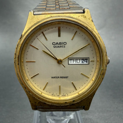 Casio MQ-514 Watch Men 33mm Silver Dial Gold Tone Round Daydate New Battery0
