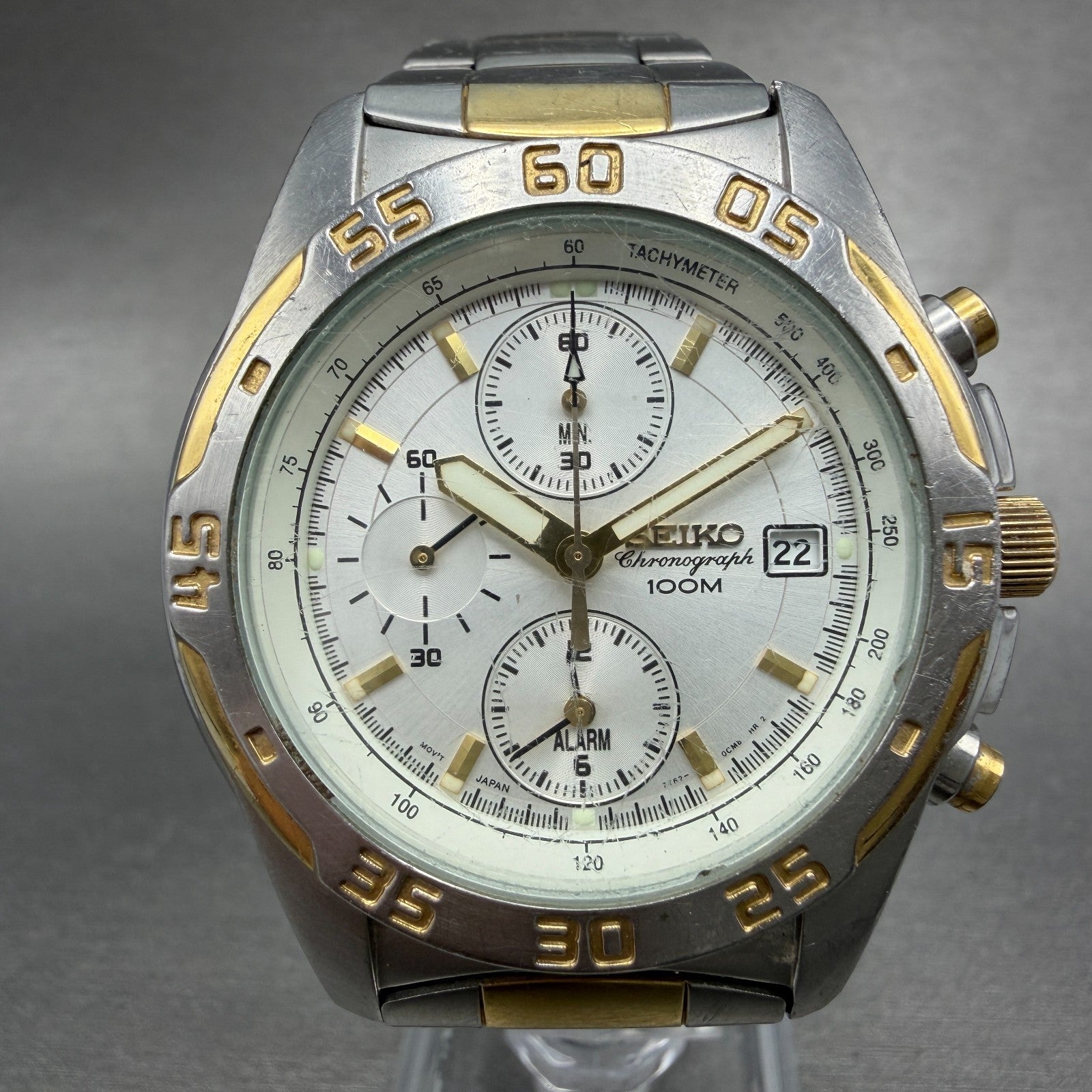 Seiko Chronograph Watch Men 42mm White Dial Two Tone Date 7T62-0CD0 New Battery0