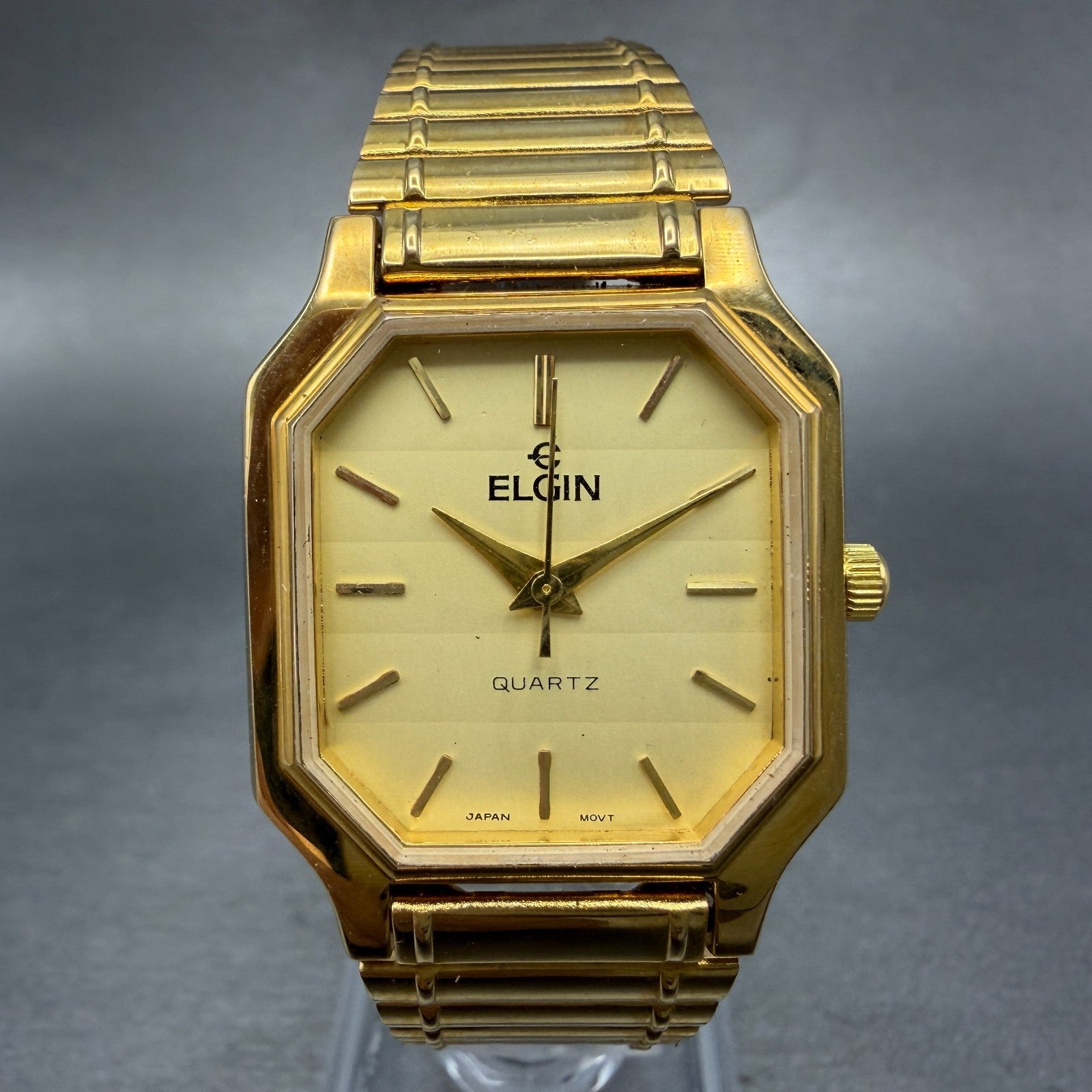 Elgin Watch Unisex 27mm Gold Dial Gold Tone Octagon New Battery Vintage0
