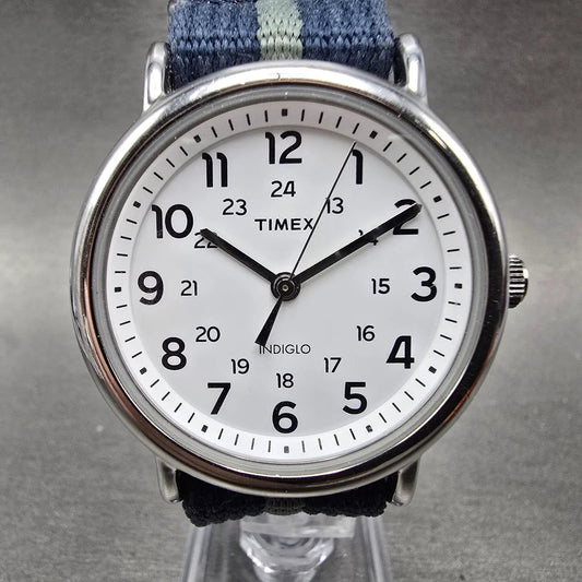 Timex Weekender Watch Men 38mm White Dial Silver Tone Indiglo Round New Battery0